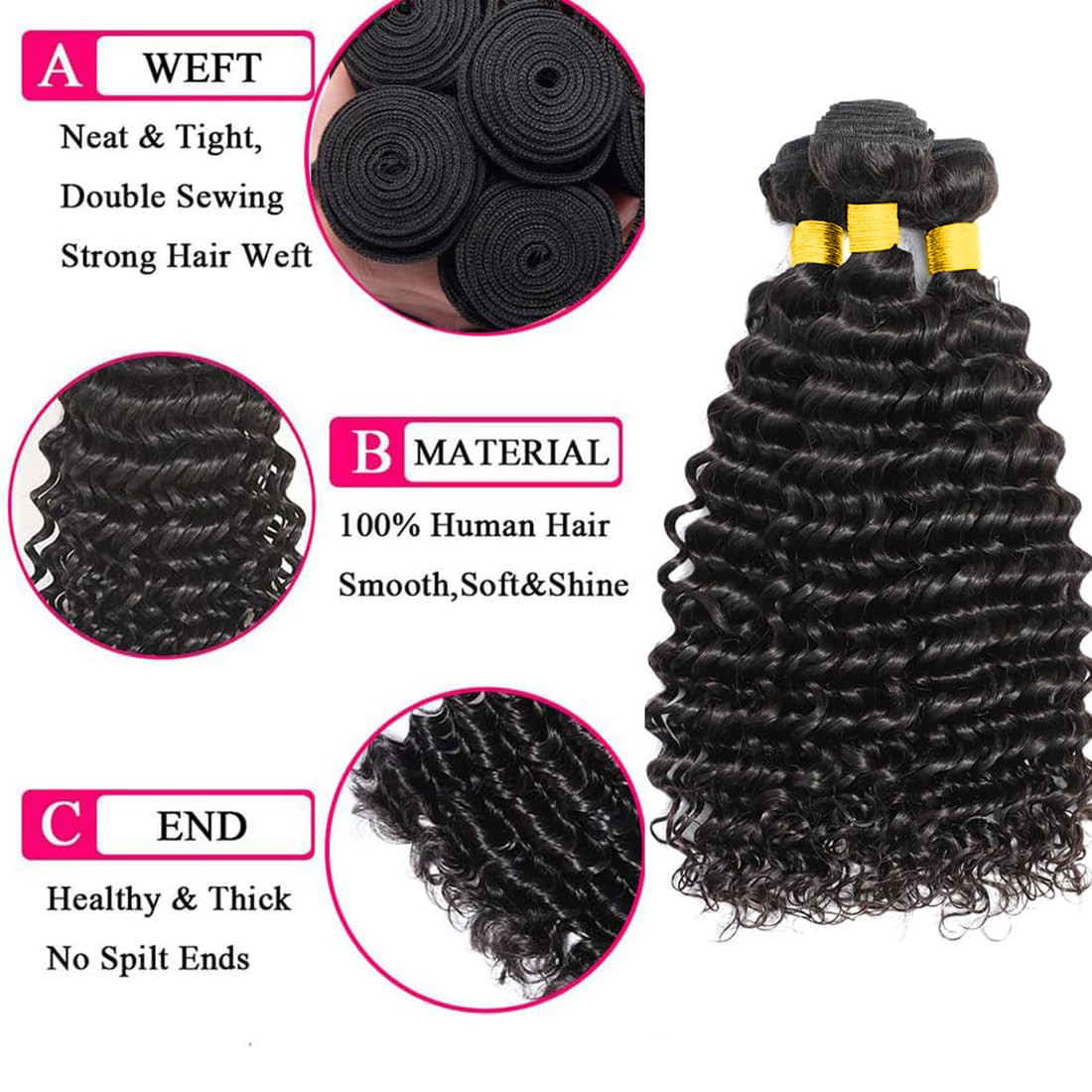 Lot de 3 mèches de cheveux hum - Deep Wave 3 Bundles With Closure avis et prix
